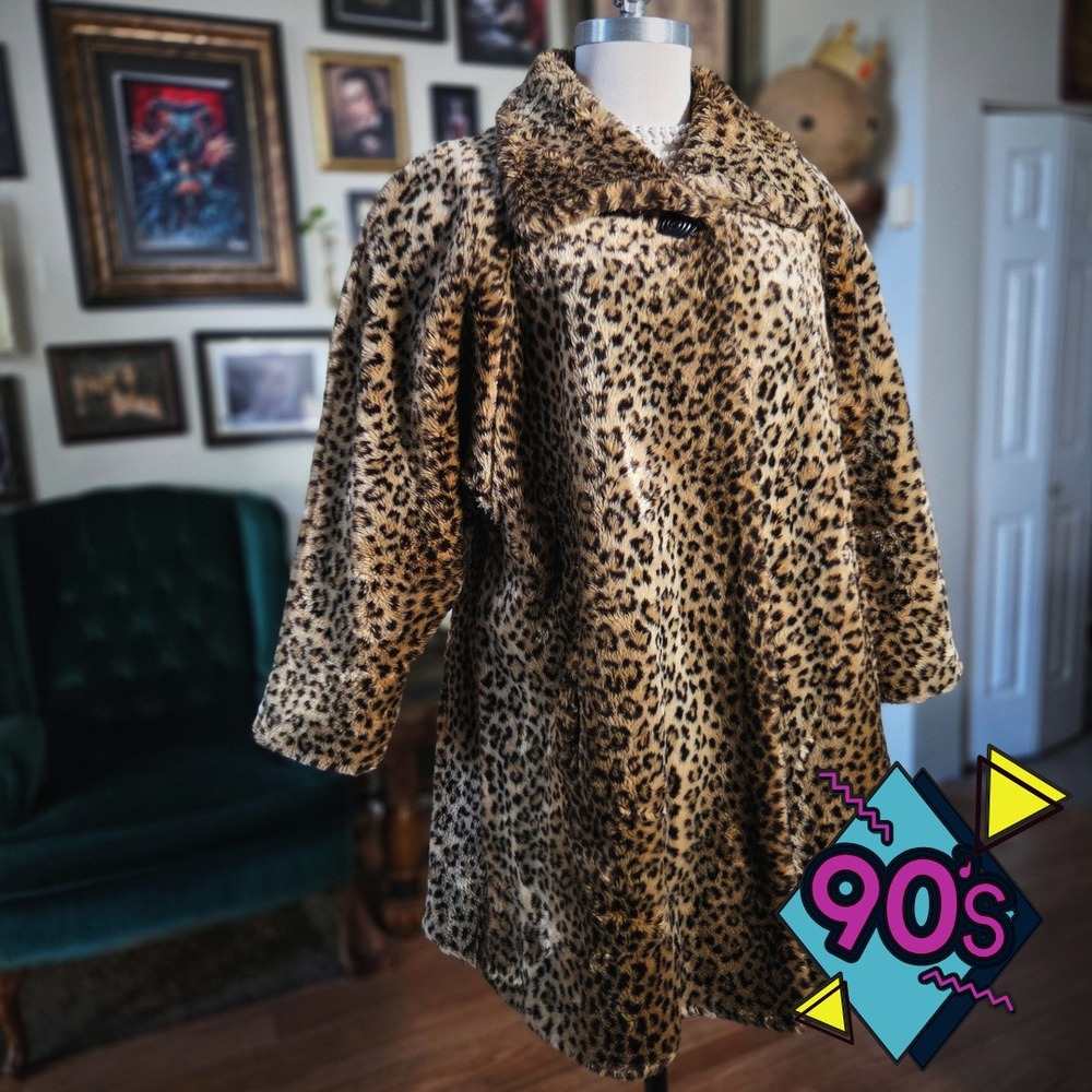 Donnybrook Faux‎ Fur Leopard Coat Vintage 90s Animal Print Jacket XS